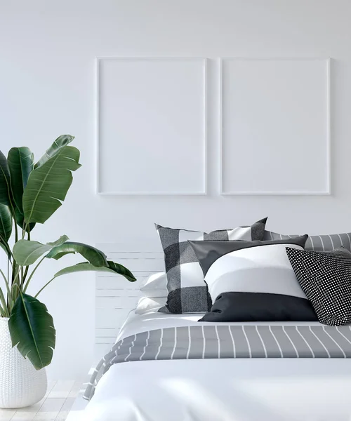 Mock Poster Frame Bedroom Scandinavian Style Render — Stock Photo, Image