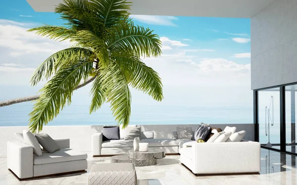 Tropical summer, luxury villa with palm, summer concept, 3d render