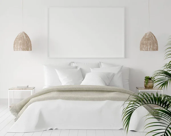 Mock Poster Frame Bedroom Scandinavian Style Render — Stock Photo, Image