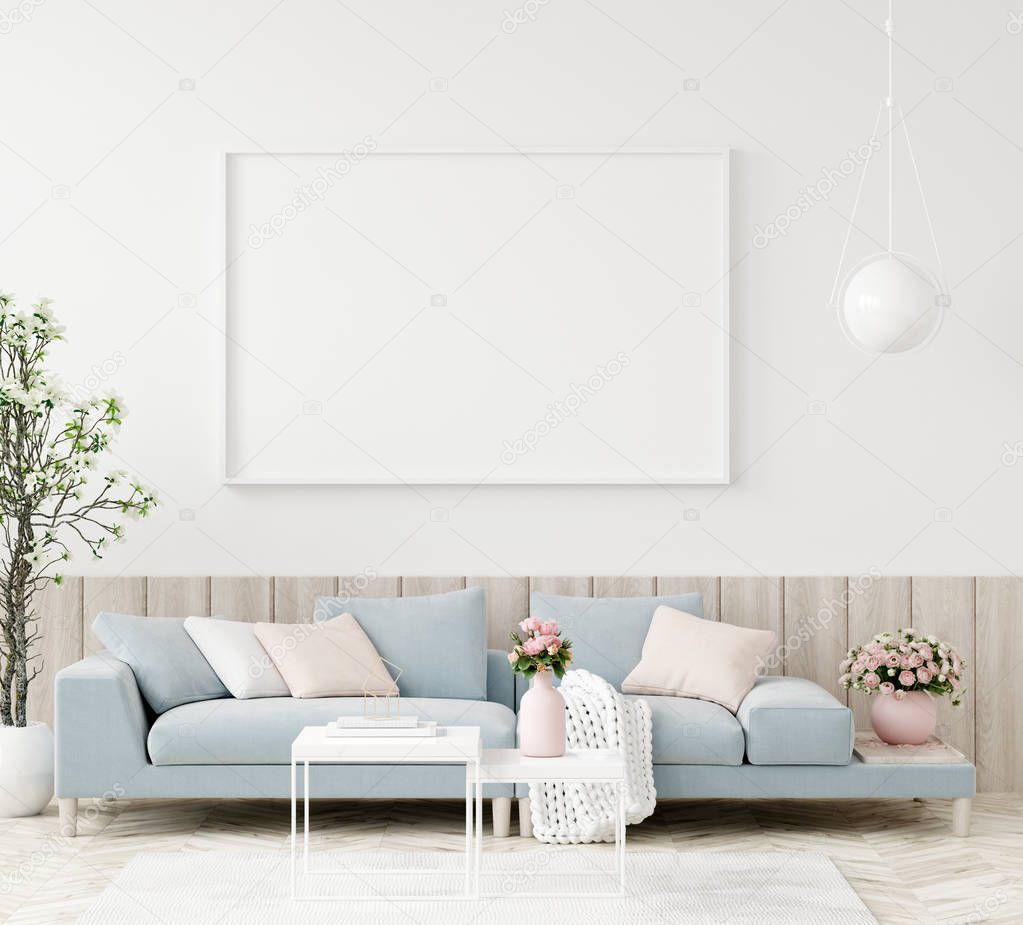 Mock-up frame in interior background,Scandinavian style, 3d render