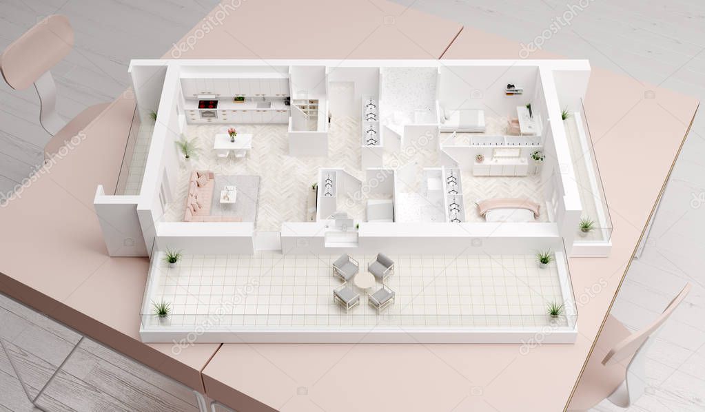 Home idea, interior layout on table. 3D illustration