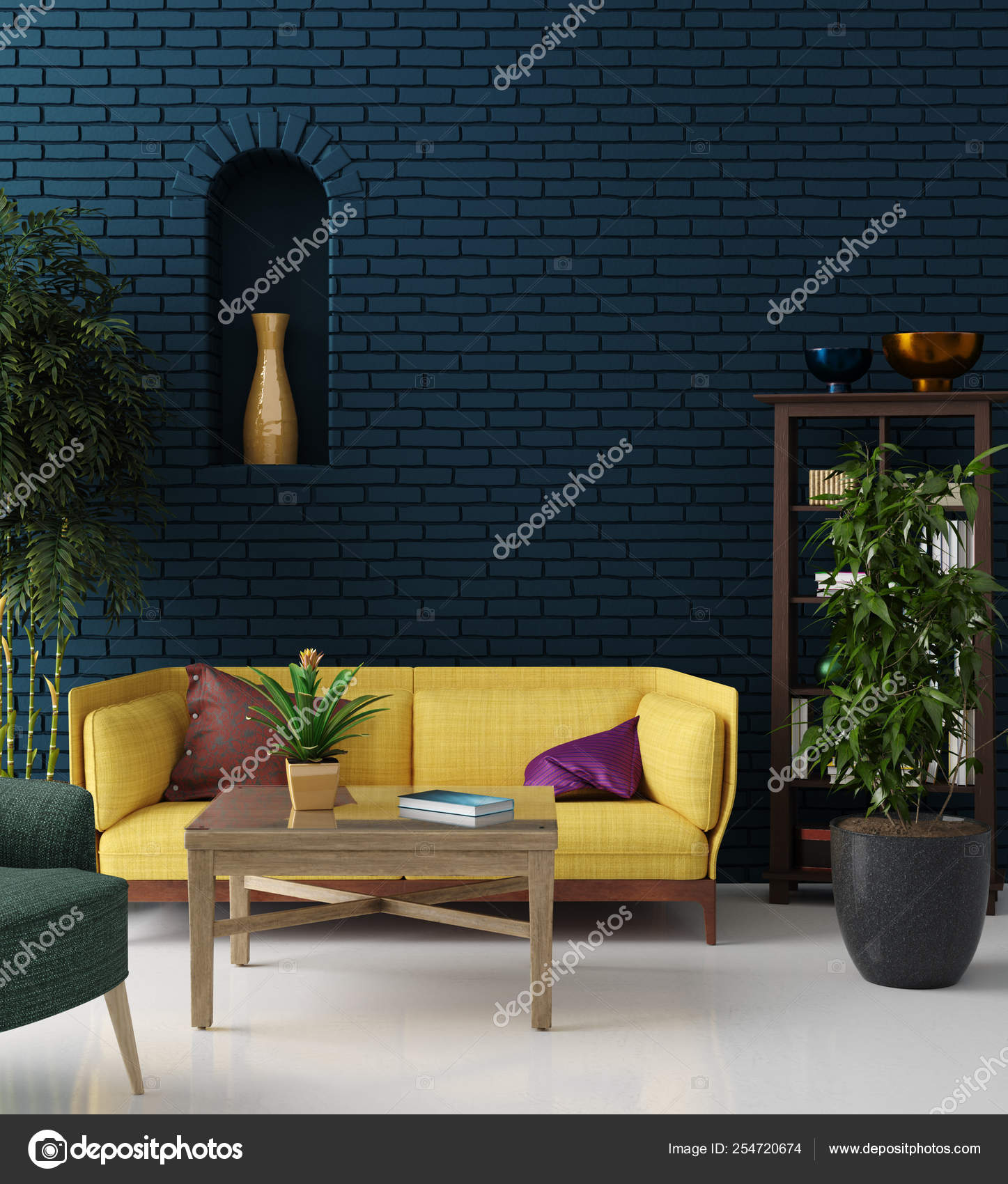 Blue wall yellow sofa deals