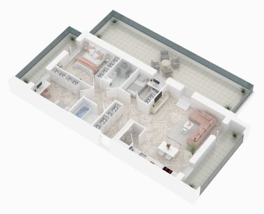 bir ev, 3D kat planı 3d çizim. Açık kavramı oturma daire düzeni