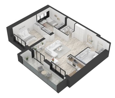 Kat planı ev üstten görünüm 3d şekil. Açık kavramı oturma daire düzeni