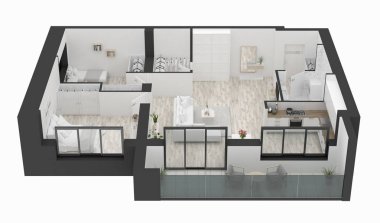 Kat planı ev üstten görünüm 3d şekil. Açık kavramı oturma daire düzeni