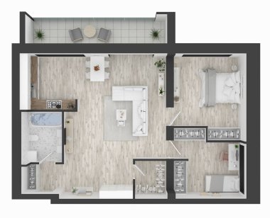 Kat planı ev üstten görünüm 3d şekil. Açık kavramı oturma daire düzeni