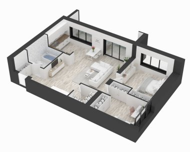 Kat planı ev üstten görünüm 3d şekil. Açık kavramı oturma daire düzeni