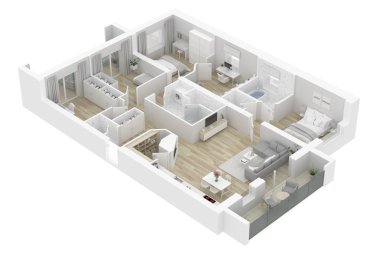 bir ev, 3D kat planı 3d çizim. Açık kavramı oturma daire düzeni