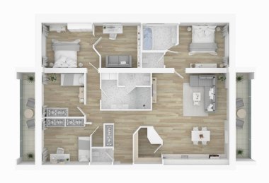 bir ev, 3D kat planı 3d çizim. Açık kavramı oturma daire düzeni