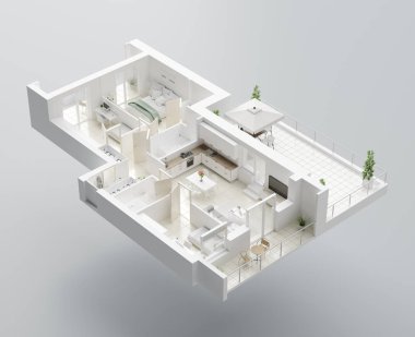 bir ev, 3D kat planı 3d çizim. Açık kavramı oturma daire düzeni