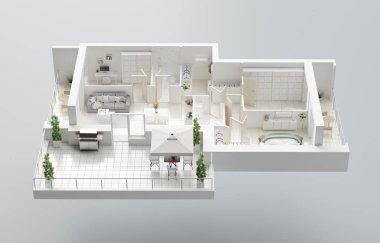 bir ev, 3D kat planı 3d çizim. Açık kavramı oturma daire düzeni