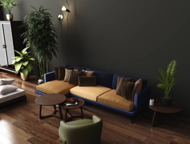 Lüks modern oturma odası iç, koyu yeşil kahverengi duvar, modern kanepe koltuk ve bitkiler, 3d ile render