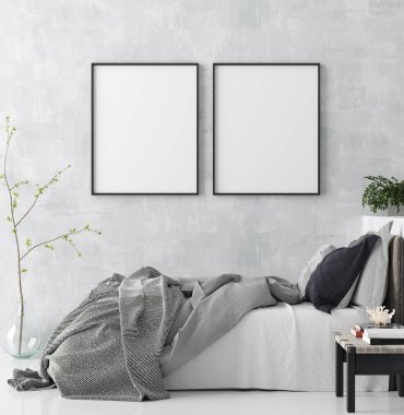 İskandinav tarzı yatak odası iç, posterdeki kadar sahte 3d render