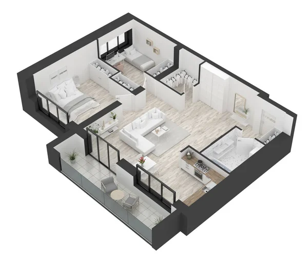 Floor plan of a home top view 3D illustration. Open concept living apartment layout