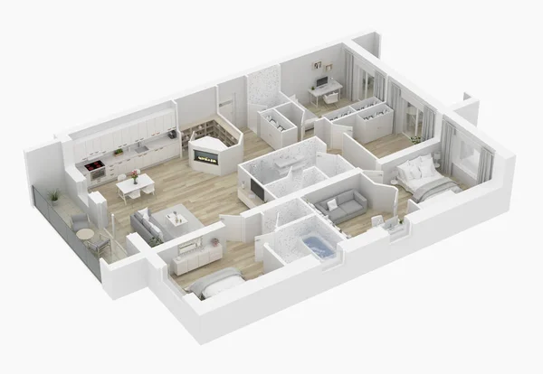 Plan Piętra Domu Ilustracja Otwartej Koncepcji Życia Układ Mieszkania — Zdjęcie stockowe