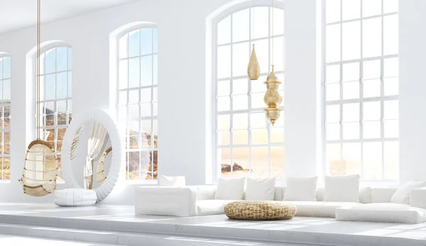 Open bedroom with living room, Scandinavian bohemian style, 3d render