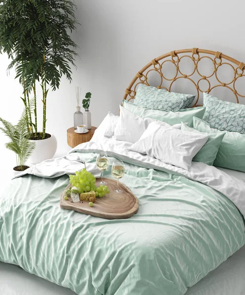 Tropical bedroom interior, 3d render