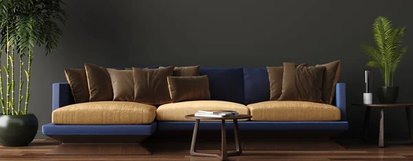 Lüks Modern Oturma Odası Koyu Yeşil Kahverengi Duvar Modern Kanepe — Stok fotoğraf
