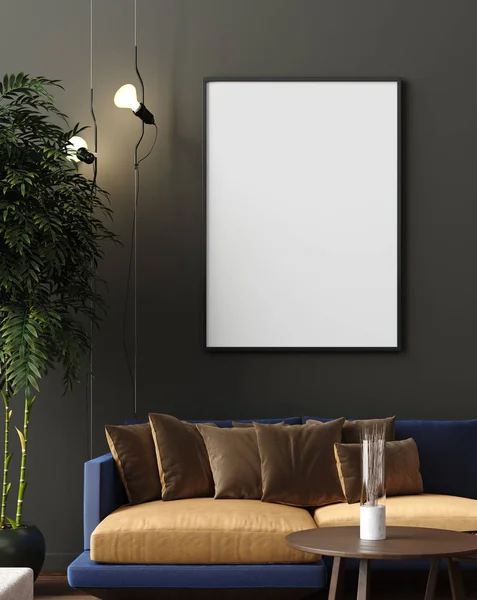 Poster Attrappe Luxuriösem Modernem Wohnzimmerinterieur Dunkelgrüne Braune Wand Modernes Sofa — Stockfoto
