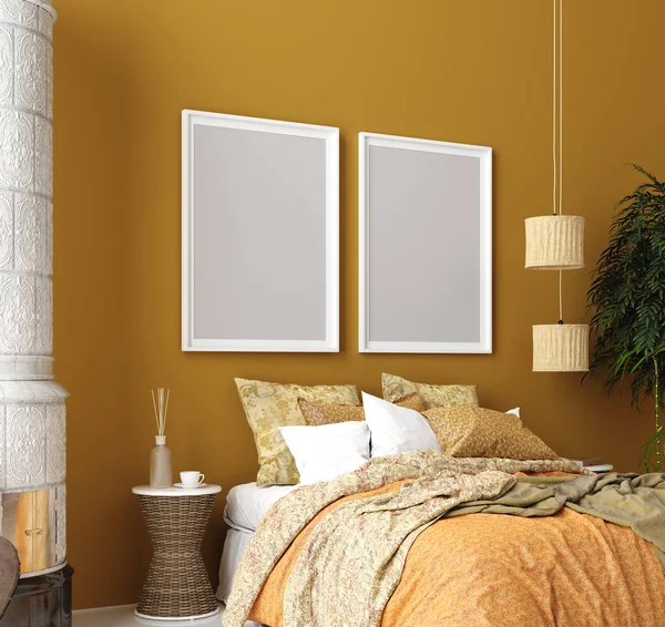 Simular Cartel Mostaza Color Dormitorio Interior Con Cama Con Dibujos — Foto de Stock