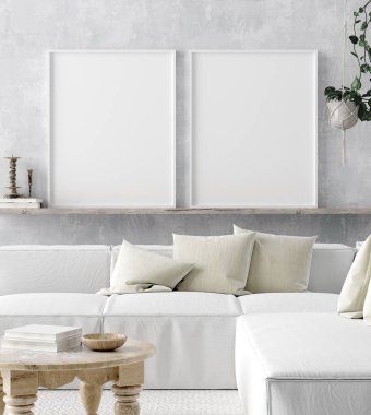 Ev iç arka planda poster çerçevesi kadar Mock, Scandi-boho tarzı, 3d render