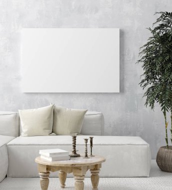 Ev iç arka planda poster çerçevesi kadar Mock, Scandi-boho tarzı, 3d render