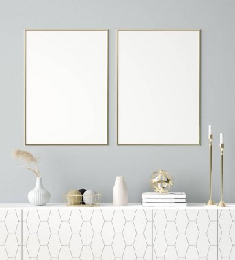 Ev iç arka planda poster çerçevesi kadar Mock, İskandinav tarzı, 3d render
