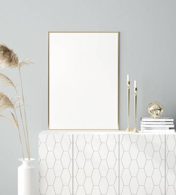 Ev iç arka planda poster çerçevesi kadar Mock, İskandinav tarzı, 3d render