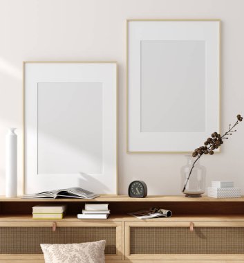 Evin arka planındaki çerçeveyi düzenle, bej oda doğal ahşap mobilyalar, İskandinav tarzı, 3 boyutlu.