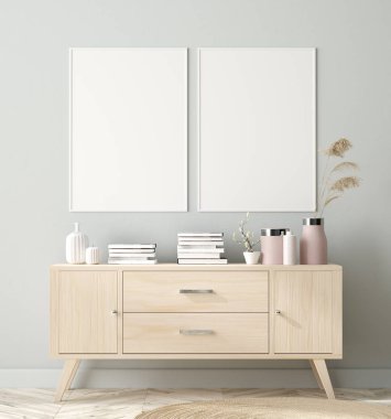 Mock-up poster arka planda İskandinav tarzı oturma odası, 3d render