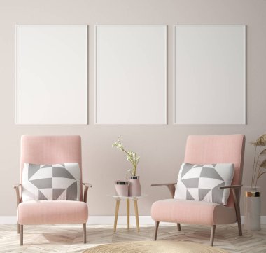 Mock-up poster arka planda İskandinav tarzı oturma odası, 3d render