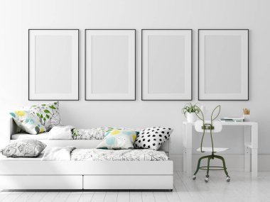 Çocuk yatak odası iç arka plan, İskandinav tarzı, 3d render poster çerçeve kadar Mock