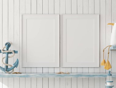 Sahte poster, çocuk yatak odası iç arka plan duvar, İskandinav tarzı, 3d render