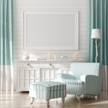 Ev iç arka planda çerçeve kadar Mock, deniz dekor ile kıyı tarzı oturma odası, 3d render