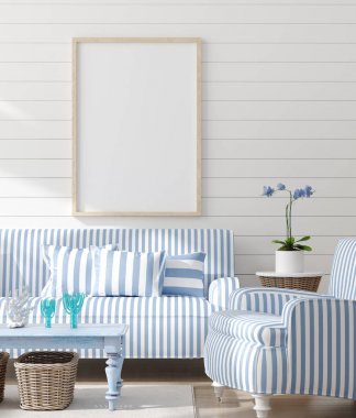 Ev iç arka planda çerçeve kadar Mock, deniz dekor ile kıyı tarzı oturma odası, 3d render