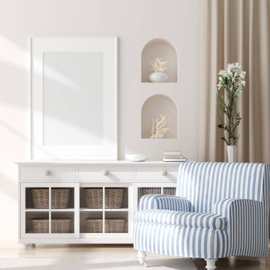 Ev iç arka planda çerçeve kadar Mock, deniz dekor ile kıyı tarzı oturma odası, 3d render