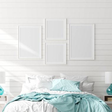 Yatak odası iç çerçeve kadar Mock, deniz dekor ve mobilya ile deniz odası, Kıyı tarzı, 3d render