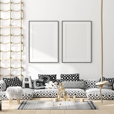 Sahte poster, çocuk yatak odası iç arka plan duvar, İskandinav tarzı, 3d render