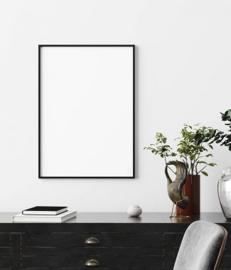 Poster, koyu mobilya, endüstriyel tarzı, 3d render ile iç arka planda duvar mockup