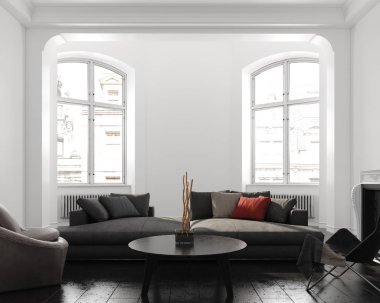 Modern beyaz iç, İskandinav tarzı, 3d render