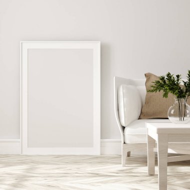 Poster, beyaz kanepe ile bej iç duvar mockup, ahşap masa ve bitkiler, İskandinav tarzı, 3d render