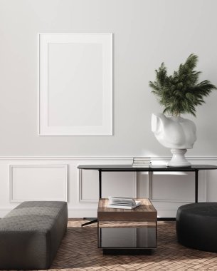 Modern iç, poster mock up ile doğal pastel renkler oda arka plan, 3d render