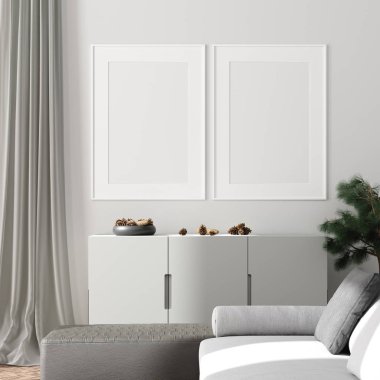 Modern iç, poster mock up ile doğal pastel renkler oda arka plan, 3d render