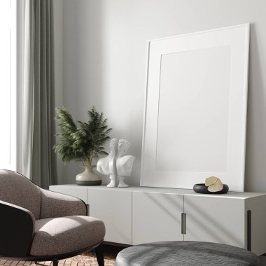 Modern iç, poster mock up ile doğal pastel renkler oda arka plan, 3d render