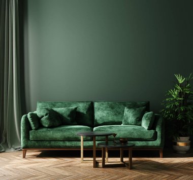 Yeşil kanepe, Masa ve oturma odasında, 3d render dekor ev iç mock-up