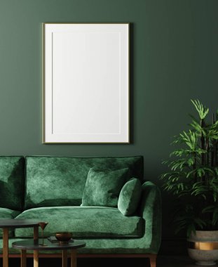 Yeşil kanepe, Masa ve oturma odasında, 3d render dekor ev iç mock-up