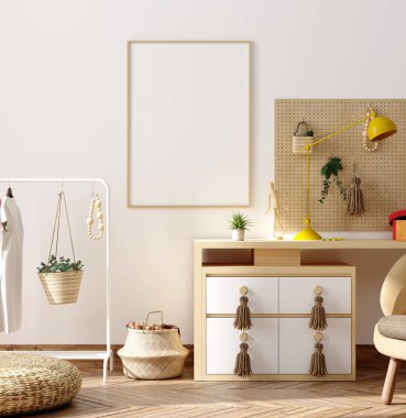 Çocuk odası iç plan, İskandinav tarzı, 3 boyutlu resim.