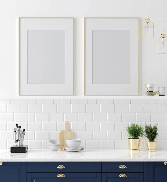 Mock Poster Frame Close Kitchen Interior American Style Render — Stock Photo, Image