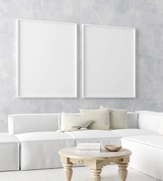 Mock Quadro Cartaz Casa Fundo Interior Estilo Scandi Boho Renderização — Fotografia de Stock