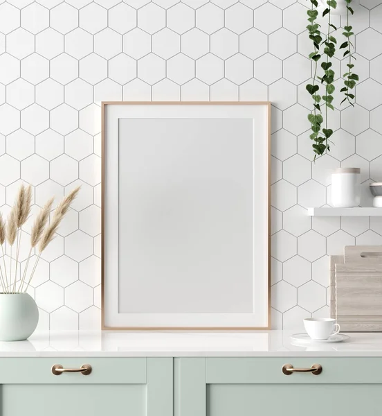 Mock Verlichte Wissellijst Keuken Interieur Scandinavische Stijl Render — Stockfoto